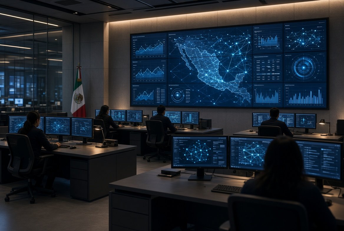 : Ilustración editorial de centro digital gubernamental con visualizaciones de datos y conexiones de red, representando supervisión de plataformas y ciberseguridad.